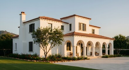 Fototapeta premium Elegant Residence with Classic Design: An exterior shot showcases a meticulously designed residence, its architectural details blending seamlessly with its natural surroundings.