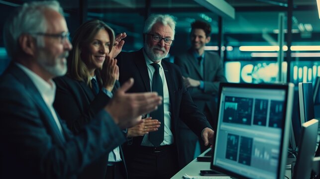 Diverse professionals celebrating success during a business presentation in a modern conference room with data visualization on a smartboard