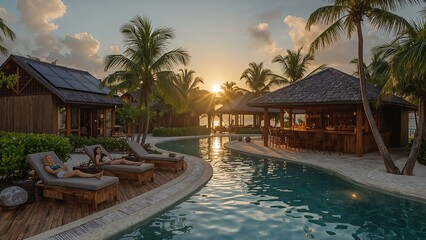 Fototapeta premium Tropical Sunset Poolside Relaxation at a Luxurious Resort