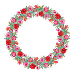 Watercolor painted circle frame with copy-space and Zinnia flowers all around. Flower wreath for greeting cards