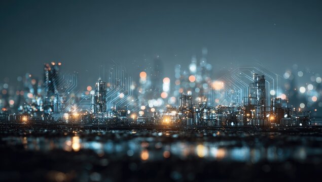 Futuristic city at night with digital overlay