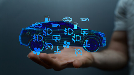 Person holding a digital car with illuminated warning lights.  Perfect for auto repair, diagnostics.