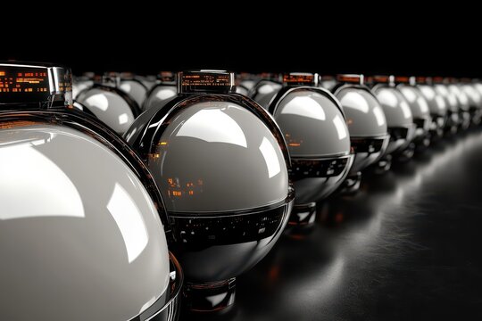 Futuristic spherical objects in a row.