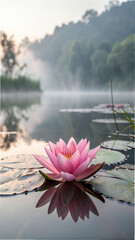Pink lotus flower floating calm water pond