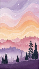 Watercolor mountain forest sky gradient image