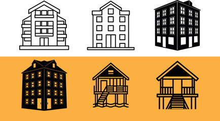 Obraz premium Six building icons black and white on orange background