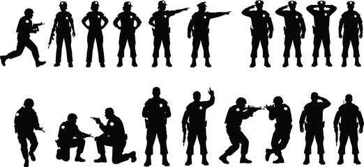 Silhouettes of tactical police officers, armed military personnel in action poses, security force vector set, law enforcement standing, pointing, saluting, kneeling and running