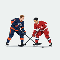 Two hockey players face off, sticks crossed, intense competition, ice hockey match.