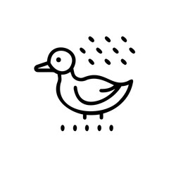 Outline duck in rain icon with water drops falling splashing bird animal