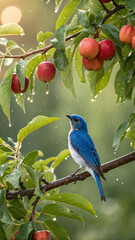 Blue bird perched on branch with apples white