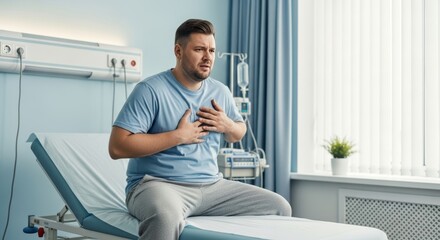 Middle-aged man in hospital gown experiencing chest discomfort while sitting on medical examination bed. Healthcare emergency and cardiac symptoms concept.