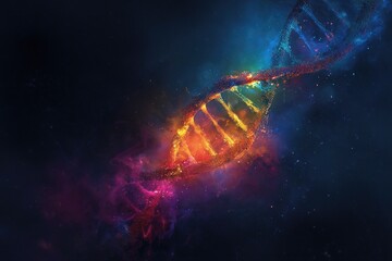 Colorful DNA helix in a vibrant cosmic nebula