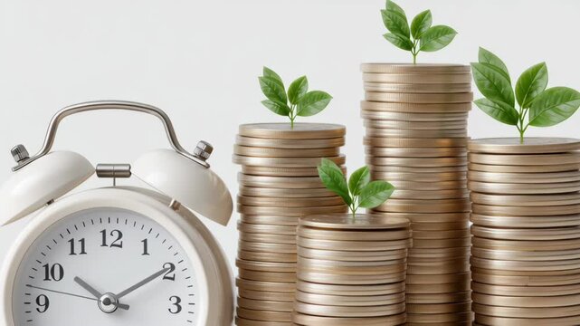 Financial growth with alarm clock and coins success symbols featuring plants and time indicators