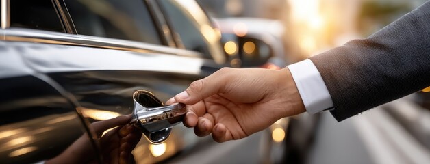 Close-up of a man's hand reaching for a limousine door handle, capturing elegance and quality in professional service