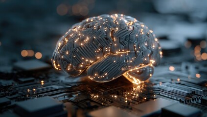 A metallic brain rests on a circuit board, lit with glowing circuitry
