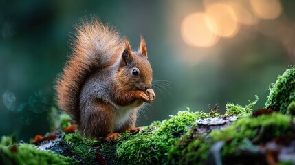 Obraz premium A squirrel eating food on a mossy tree branch in a forest, lit by boke