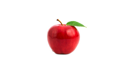 Single shiny red apple with green leaf on white background