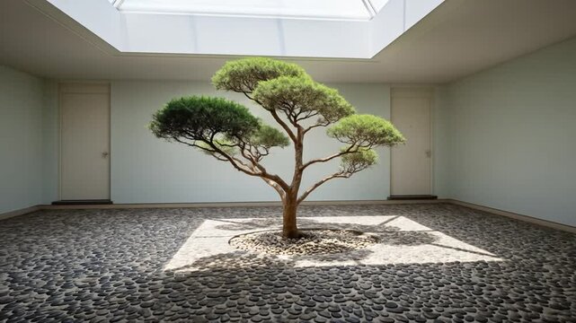 A miniature bonsai tree thrives in a sunlit, minimalist interior courtyard.