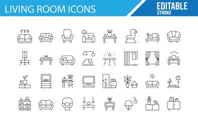 Vector Icons of Living Room Decor for Home Interior Visualizations