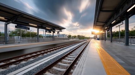 Passengers are getting on and off a vibrant high-speed train as the sun sets, casting warm colors across a modern station backdrop