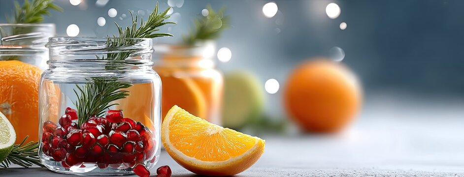 Orange pieces and pomegranate seeds fall into a jar of honey, creating a lively composition with soft shadows and a clean backdrop. - Powered by Adobe