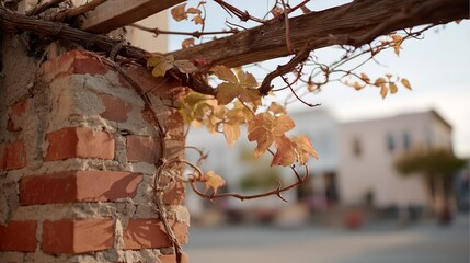 Lowangle shot of weathered brick archway covered in twisting vines with glowing leaves in soft afternoon light, evoking rustic charm and peaceful atmosphere