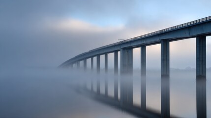 Serene view of a fog-covered bridge spanning a calm river, reflecting tranquility in nature