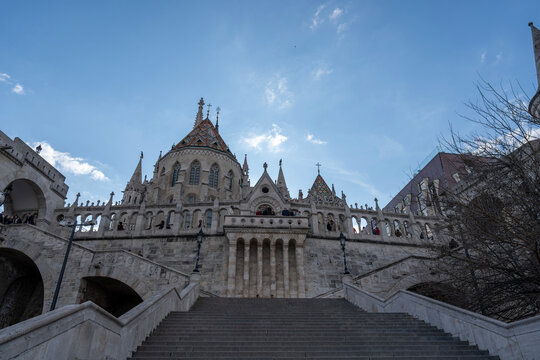 Fisherman`s Bastion and Church of the Assumption of the Buda Castle or Matthias Church or Coronation Church of Buda in Buda Castle District, Budapest, Hungary