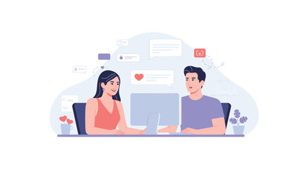 Couple Connecting Online: Man and Woman Chatting, Sharing Hearts and Messages, Social Media Interaction, and Enjoying Digital Relationships Using Computer.