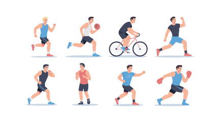 Active Lifestyle: Cartoon Men Exercising with Sports Gear for Fitness or Healthy Habits; Running, Cycling, Basketball and Boxing Activities