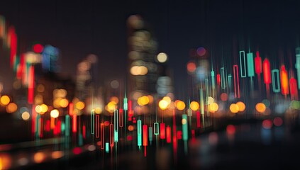 Night cityscape with financial data overlay