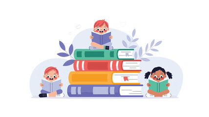 Naklejka premium Cartoon Children Reading Books Stacked High: A Joyful Learning Experience for Young Readers and Early Education Resources, Featuring Happy, Engaged Kids