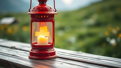 Glowing Swiss lantern with white cross motif, resting on rustic wood with alpine meadow in soft focus.