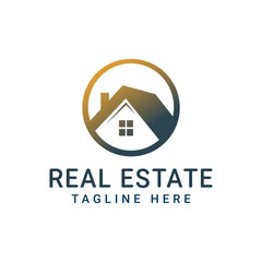 Elegant real estate logo design featuring a golden circular border with a house icon inside. Best suited for luxury properties, premium real estate agencies, or upscale housing developments.