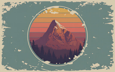 Vintage mountain sunset illustration with pine trees