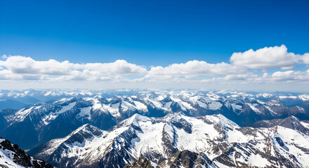 Snowy mountain peaks with clouds and winter landscape view Background. 
