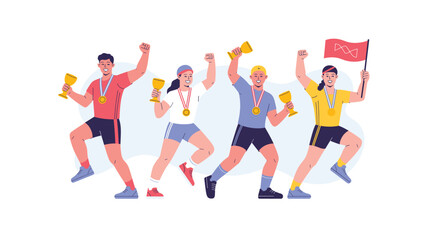 Celebrating Victory: Cartoon Illustration of Winning Athletes Holding Trophies, Medals, and a Flag, Symbolizing Success, Achievement, and Championship in Sporting Events