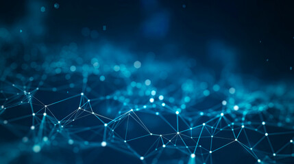 Obraz premium Abstract background showing quantum data flow and digital lines on a dark blue backdrop. Represents futuristic technology, AI networks, data transfer, and high-speed digital communication