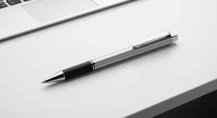 Silver pen rests on a white surface next to a laptop keyboard