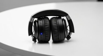 Foldable black wireless headphones resting on a white surface