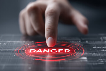 Human hand touching a virtual screen with a red hologram danger threat alert icon on a metallic grey table background. 