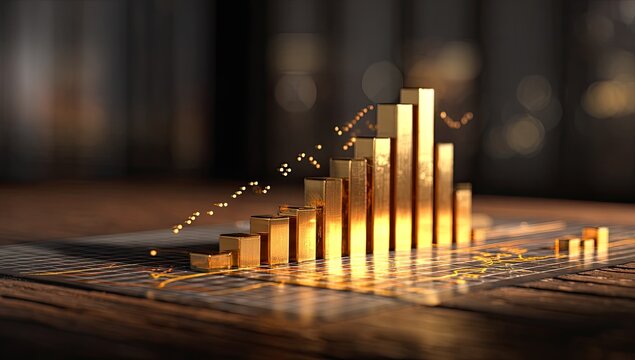 Golden bar graph on a wooden table