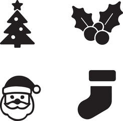 Black and white Christmas icons featuring a Christmas tree Santa Claus holly and a Christmas stocking seasonal holidays vector illustration