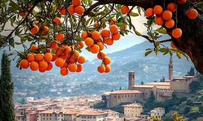 Vibrant orange tree full of ripe fruits in a sunny Tuscan garden