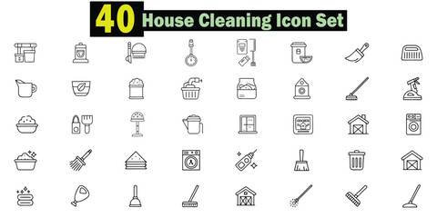 Collection of 40 Black and White House Cleaning Icons vector