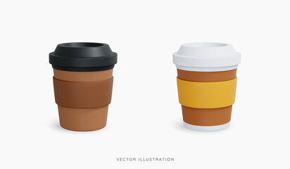 3D Cartoon Coffee Paper Cup with Lid. Disposable coffee to go. Plastic cup with hot drinks. Take away espresso or latte. Cartoon design icon set isolated on white background. 3D Vector illustration