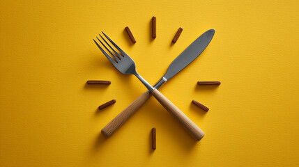 Food Clock Concept with Fork Knife and Wooden Dowel on Yellow Background