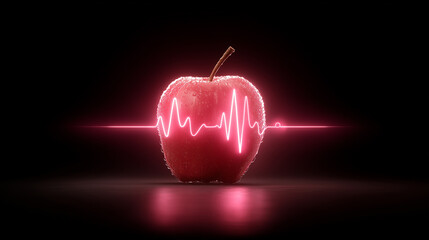 Healthy Heart Concept Red Apple with Heartbeat Line on Dark Background