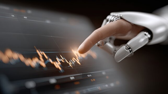 Cyborg arm points at a fluctuating stock market graph, showcasing the intersection of technology and finance in a digital environment