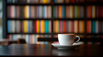 Coffee break enjoying a book in a cozy library